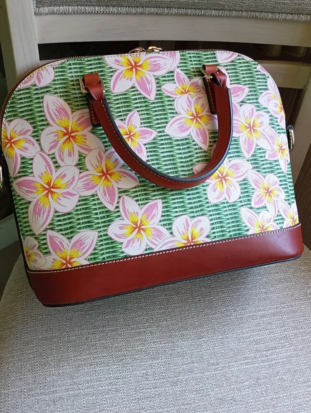 Dooney domed zip satchel plumeria floral basket weave pattern